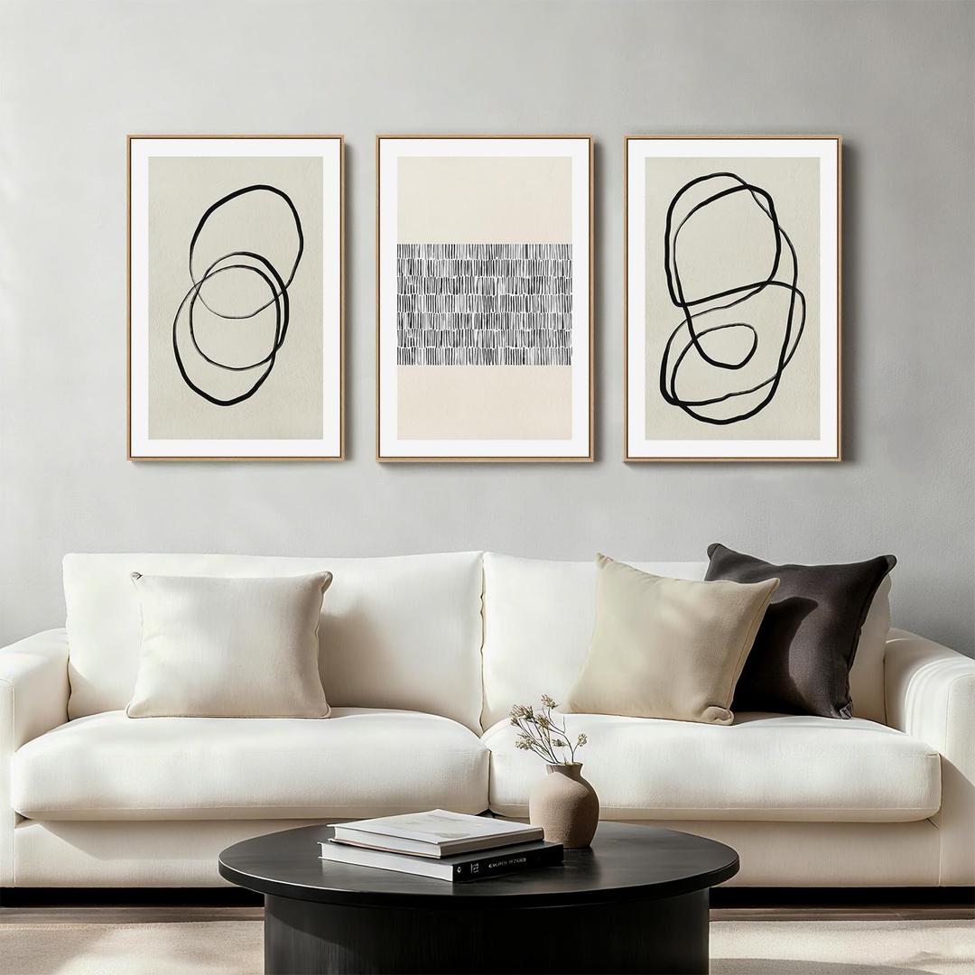 Abstract Boho Wall Art Set - Modern Boho Geometric Framed Canvas Prints, Neutral Mid-Century Graffiti Inspired Decorative Wall Decor for Living Room, Bedroom, Office - 16"x24"x3
