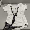 SOLY HUX Women's Y2k Grunge Goth T Shirts Short Sleeve Lace Halter Tee Tops Fairy Festival Rave Outfits (Medium, Black and White)