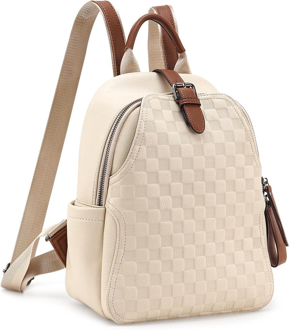 Small Backpack Purse for Women, Cute Plaid PU Leather Women Backpack Rucksack Lightweight Shoulder School Bag & Travel Daypack for Work White