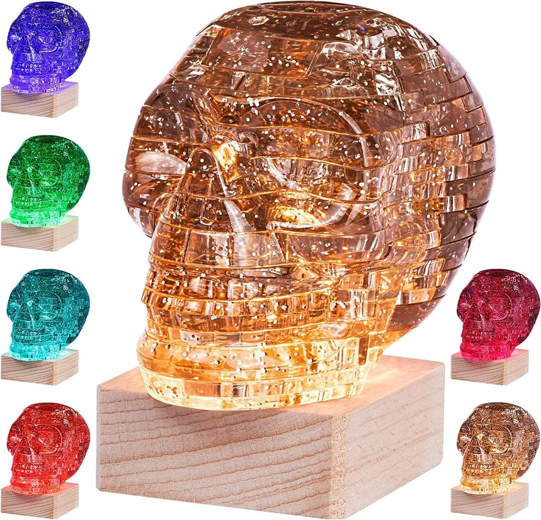 3D Skull Crystal Puzzle, Original 3D Crystal Assembly Brain Teaser with Light-Up Wood Base, Plastic Skull Puzzle Blocks 3D Model Toy, Ideal Gift for Adults, Kid Ages 14 and Up, Skull Grey