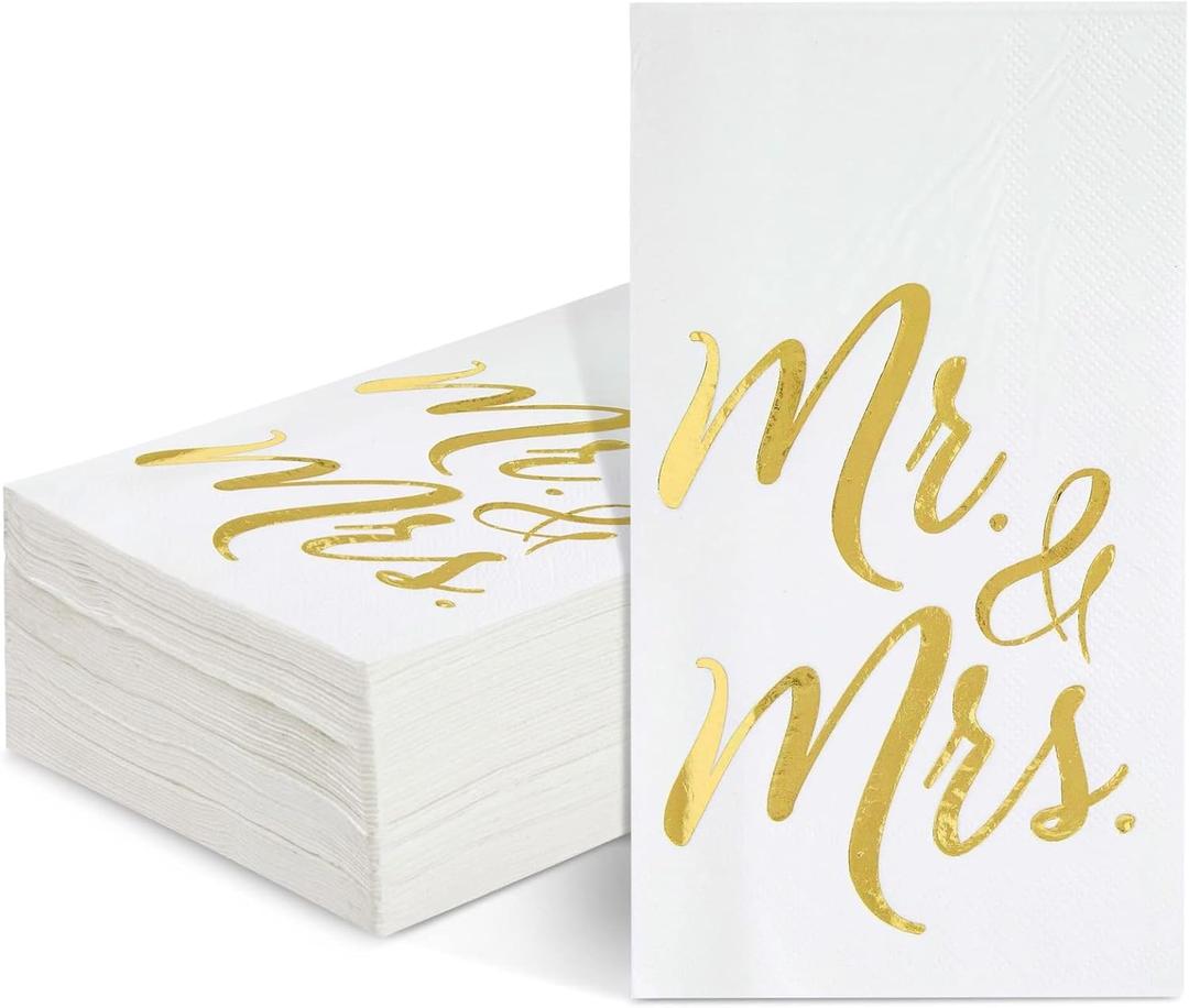 50-Pack Mr and Mrs Napkins, Disposable Wedding Dinner Napkins for Reception, Rehearsal Dinner, Bridal Shower, Engagement Party (Gold Foil and White, 3-Ply, 4x8 in)