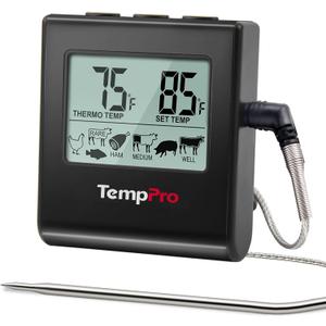 TempPro TP16 Large LCD Digital Meat Thermometer for Cooking, Smoking, Grilling, BBQ Food Temperature Indicator with Clock Timer and Stainless Steel Probe, Black(Previously ThermoPro)