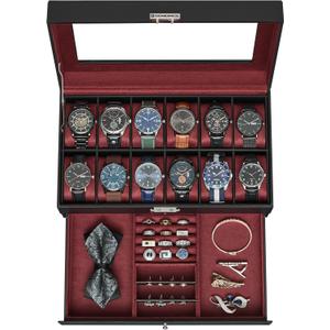 SONGMICS Watch Box, 12-Slot Watch Case Organizer with Large Glass Lid, 2 Layers, Removable Pillows, Metal Lock, Gift for Loved Ones, Black Synthetic Leather, Wine Red Lining UJWB012R01