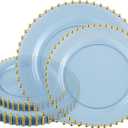 PLASTICPRO 32 Piece Combo Plastic Dinner Plates Disposable Plastic Fancy Heavy Duty Party Dishes 7 inch and 10 inch, Translucent Blue and Gold Beaded