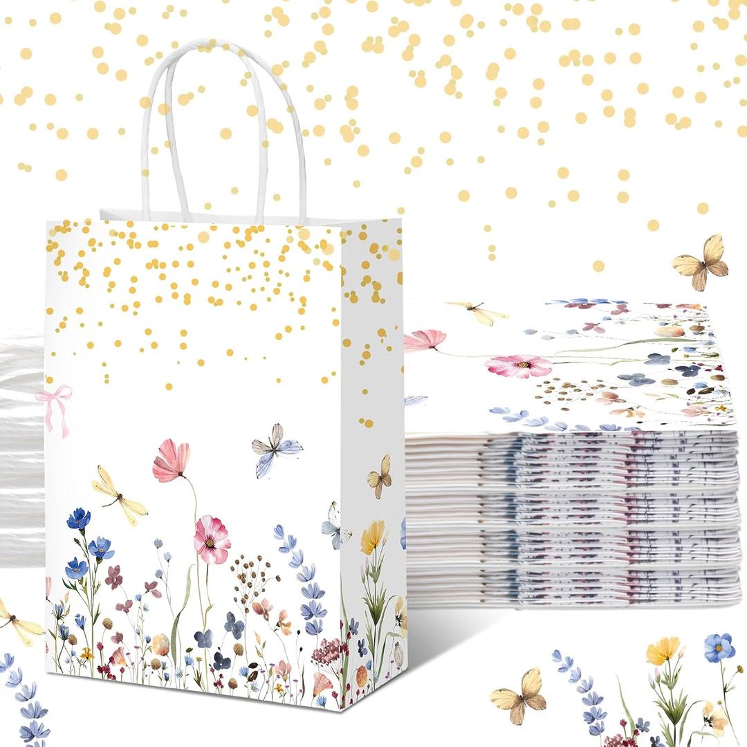 Kolldenn 16 Pcs Wildflower Paper Gift Bags Women Mother's Day Birthday Favor Goodie Candy Bags with Handles for Bridal Engagement Baby Shower Party Supplies (White)