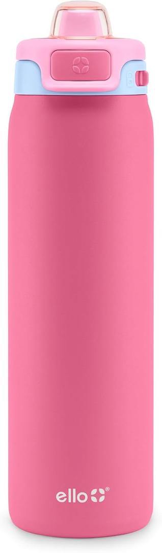 Ello Pop & Fill 22oz Stainless Steel Water Bottle with Quick Fill Technology, Double Walled and Vacuum Insulated Metal, Leak Proof Locking Lid, Sip and Chug, Reusable, BPA Free, Cherry Breeze