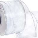 Ribbli White Organza Wired Ribbon, White Sheer with Silver Metallic Edge,2-1/2 Inch x 20 Yards Christmas Tree Ribbon for Decoration, Large Gift Wrapping,Wedding Decoration