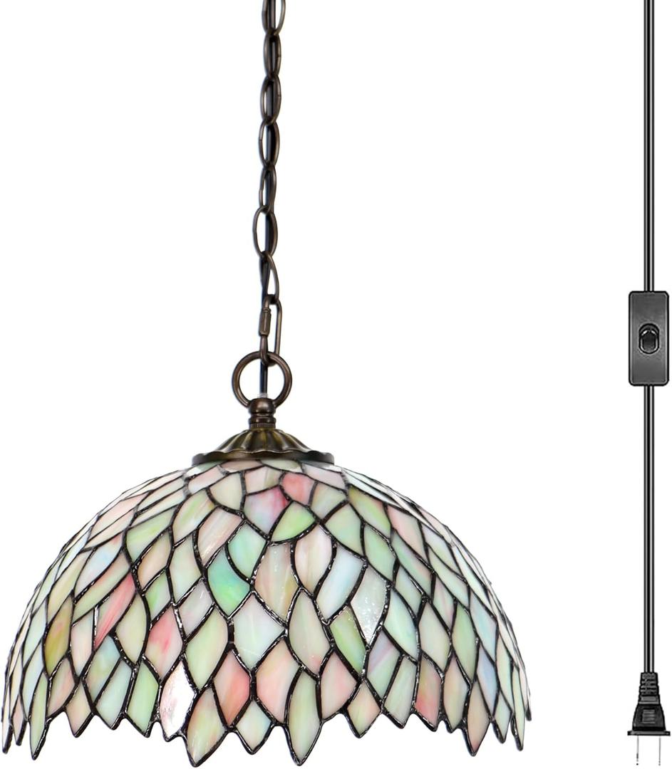 Tiffany Pendant Light Plug in Stained Glass Hanging lamp 12X12X181 Inch Hanging Lamp Living Room Bedroom Kitchen Dining Room Office(Seven Color Wisteria)