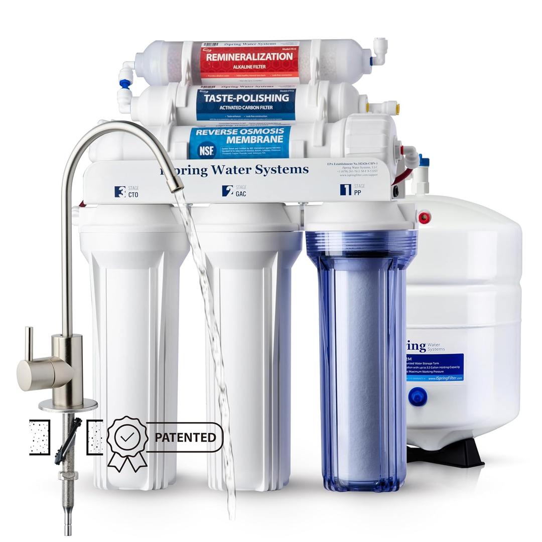 iSpring RCC7AK, NSF Certified, 75 GPD, Alkaline 6-Stage Reverse Osmosis System, pH+ Remineralization RO Water Filter System Under Sink, Patented Top-Mounted Faucet Design for Easy Installation