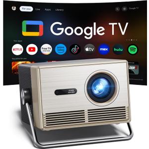 2000 ANSI Official Licensed Google TV Outdoor Projector 4K Full HD, Smart Projector with Wifi and Bluetooth, Auto Focus, Dolby Sound,Built-in Apps,HAPPRUN Indoor Home Theater for Phone/TV Stick/PC/PS5
