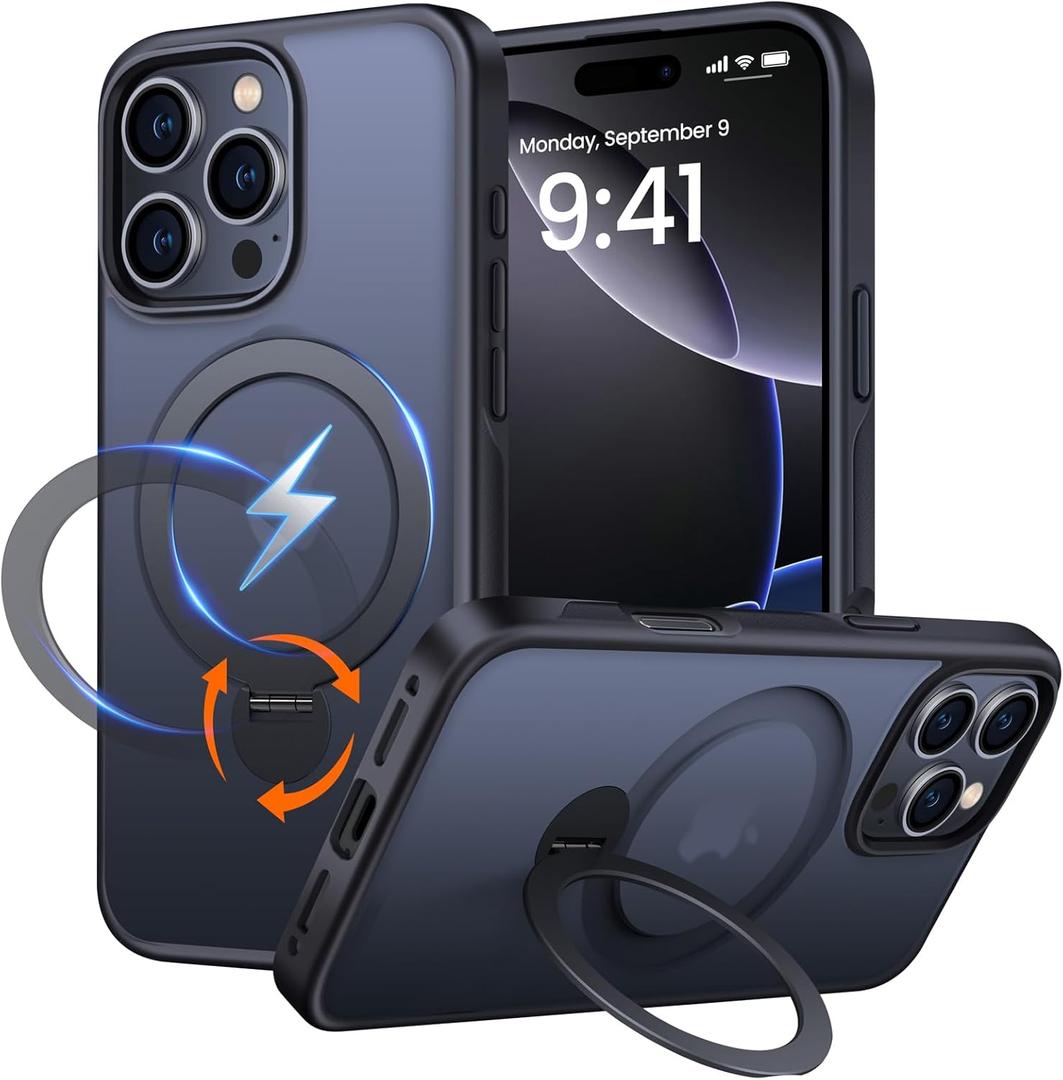 360° Rotatable Magnetic Stand for iPhone 16 pro Case Compatible with Magnetic 16FT Military Drop Protection, Anti-Scratch/Fingerprint Shockproof iPhone 16 pro Phone Case(Matte-Black)