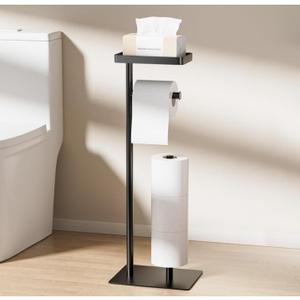 Freestanding Toilet Paper Holder Stand with Storage, Rustproof Metal Bathroom Paper Stand with Weighted Anti-Slip Base, Fits 4 Spare Rolls and Shelf for Phone & Small Items, No Drilling, Black-style a