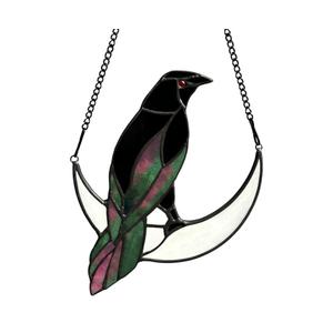 Stained Glass Crow on Moon Decor Window Hangings Ornament, Gothic Raven Suncatcher Halloween Decorations, Handmade Crow Birds Gifts Sun Catchers Indoor Window Home Decor.