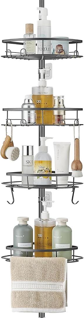 Corner Shower Caddy Tension Pole, Tension Rod Organizer, 4-Tier Adjustable Floor to Ceiling Shower Caddy 33-127inch, No Drilling Shower Shelf for Inside Shower (Gray)