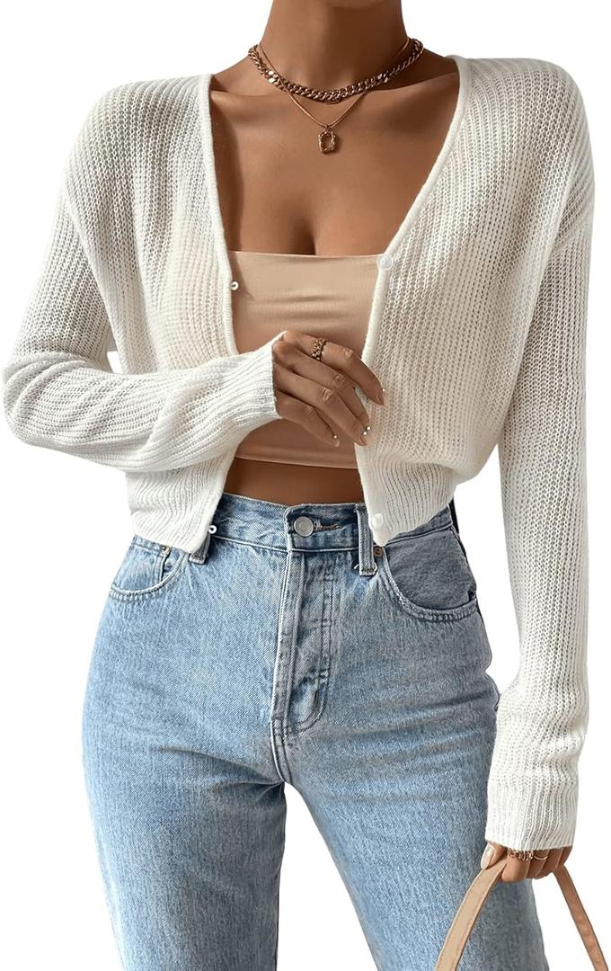Verdusa Women's Drop Shoulder Long Sleeve Button Up Knit Cardigan Sweater (Large, Cream White)