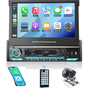2026 Single Din Car Stereo with Apple CarPlay & Android Auto - 7 Inch Motorized Flip Out Touchscreen Bluetooth 5.1 Car Radio | Backup Camera/Mirror Link/USB/AUX/AM/FM/Subwoofer/DSP
