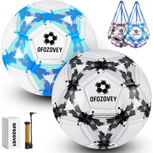 OFOZOZEY Soccer Ball Size 3,4,5,Two Pack,Classic Indoor Outdoor Soccer with 1 Pump 2 Net Bag and 1 Needle,Long-Lasting for Training, Games, Outdoor & Indoor Play,Ideal Gift for Boys (Black and Blue)