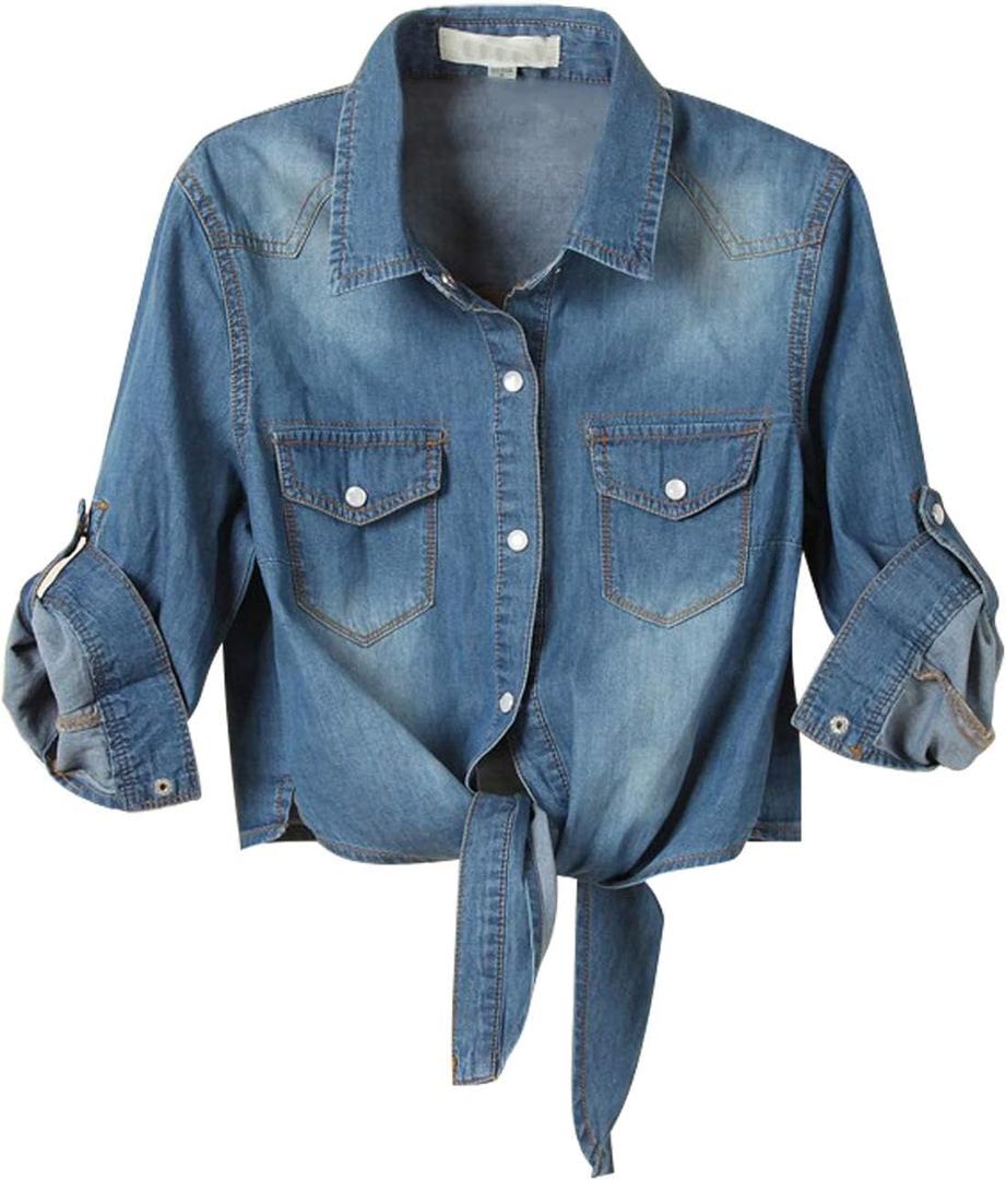 Omoone Women's 3/4 Sleeve Denim Crop Top Tie Knot Shirt Cardigan, Small
