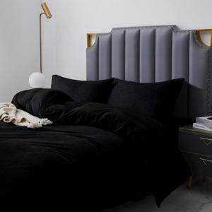Crystal Velvet Queen Duvet Cover Set Black, Soft Warm Flannel Comforter Cover Queen Size for Fall Winter Spring, 3 Pieces Luxury Fluffy Silky Velour Bedding Duvet Cover 90" x 90"
