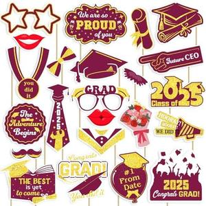 2025 Graduation Photo Booth Props, 23 Pcs Burgundy Red Gold Congrats Class of 2025 Photo Booth Props Set for Graduation Party Favors Supplies Decorations, 2025 Grad Party Pose Signs for Kids Boy Girl, Set of 2
