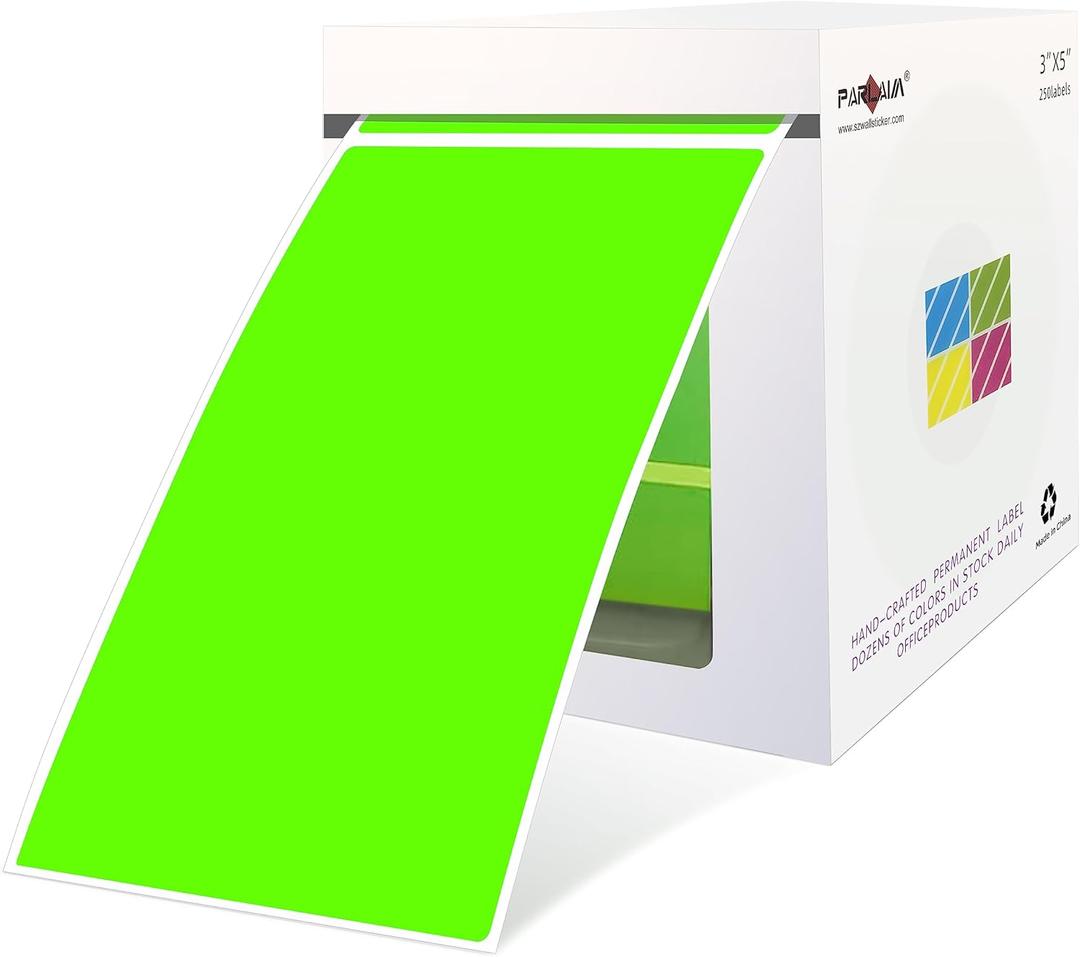 PARLAIM 3 x 5 inch Rectangle Sticker Labels, 250PCS Adhesive Color Coding Stickers for Moving Box Inventory Label, Fluorescent Green (1 Roll-250PCS)