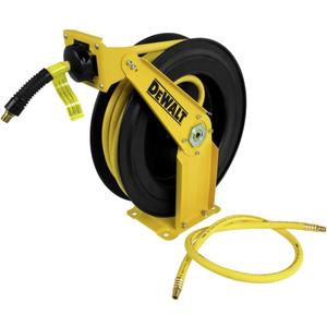 DEWALT Retractable Air Hose Reel 50ft, Wall or Truck Bed Mounted Usable for Pnuematic Air Tools for Mechanics, Garage, At Home and More: Double Arm Construction, 3/8in x 50ft Hose
