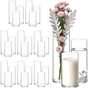 24 Pcs Bulk Cylinder Glass Flower Vases & Hurricane Candle Holders, 2.6" x 5/6/8 Assorted Heights, Thickened Shatter-Resistant Clear Glass, Multiuse Centerpieces for Wedding, Party & Home Decor