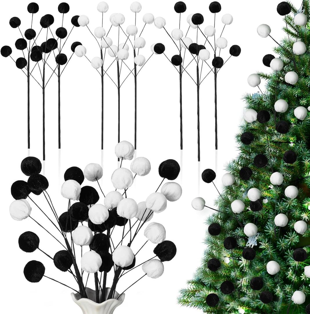 Thiccywoov 6 Pcs 14 Inch Christmas Tree Picks Velvet Christmas Ornaments Spheres Ball Pick Velvet Xmas Tree Branches Hanging Decoration Wreath Home Office Party Ornament (Black, White)
