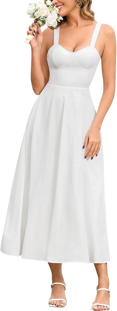 EYNMIN Floral Midi Wedding Guest Dresses for Women 2026 Summer Spring Lace Smocked Bow Tie Flowy A Line Boho Sundress (White, XS)