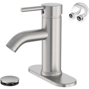 Brushed Nickel Bathroom Faucet, Greenspring One Hole Single Handle Bathroom Sink Faucets Modern Commercial Lavatory Vanity Sink Faucets with Cover Plate Pop Up Drain with Supply Line, Brass