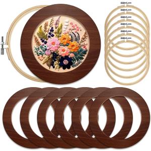 RattanView 12 Pcs 8 Inch Wood Embroidery Hoop Frame with Embroidery Hoops Round Finished Cross Stitch Hoop Frame for DIY Art Craft Sewing Ornaments(Walnut)