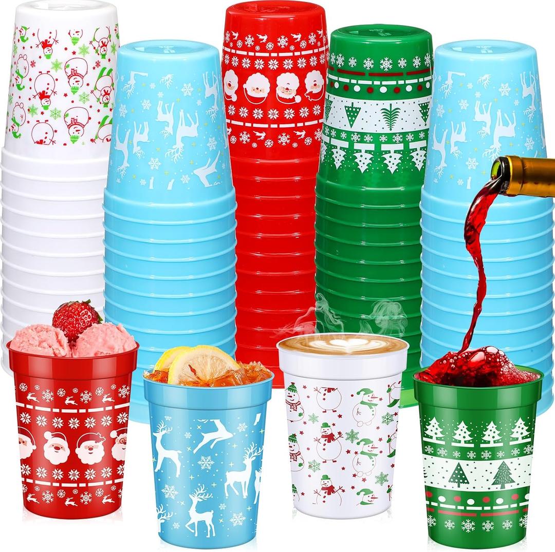 Sliner 48 Pieces Christmas Plastic Cups Christmas Party Supplies Disposable Drink Red and Green Holiday Stadium Cups for Xmas Party Supplies(16 oz)