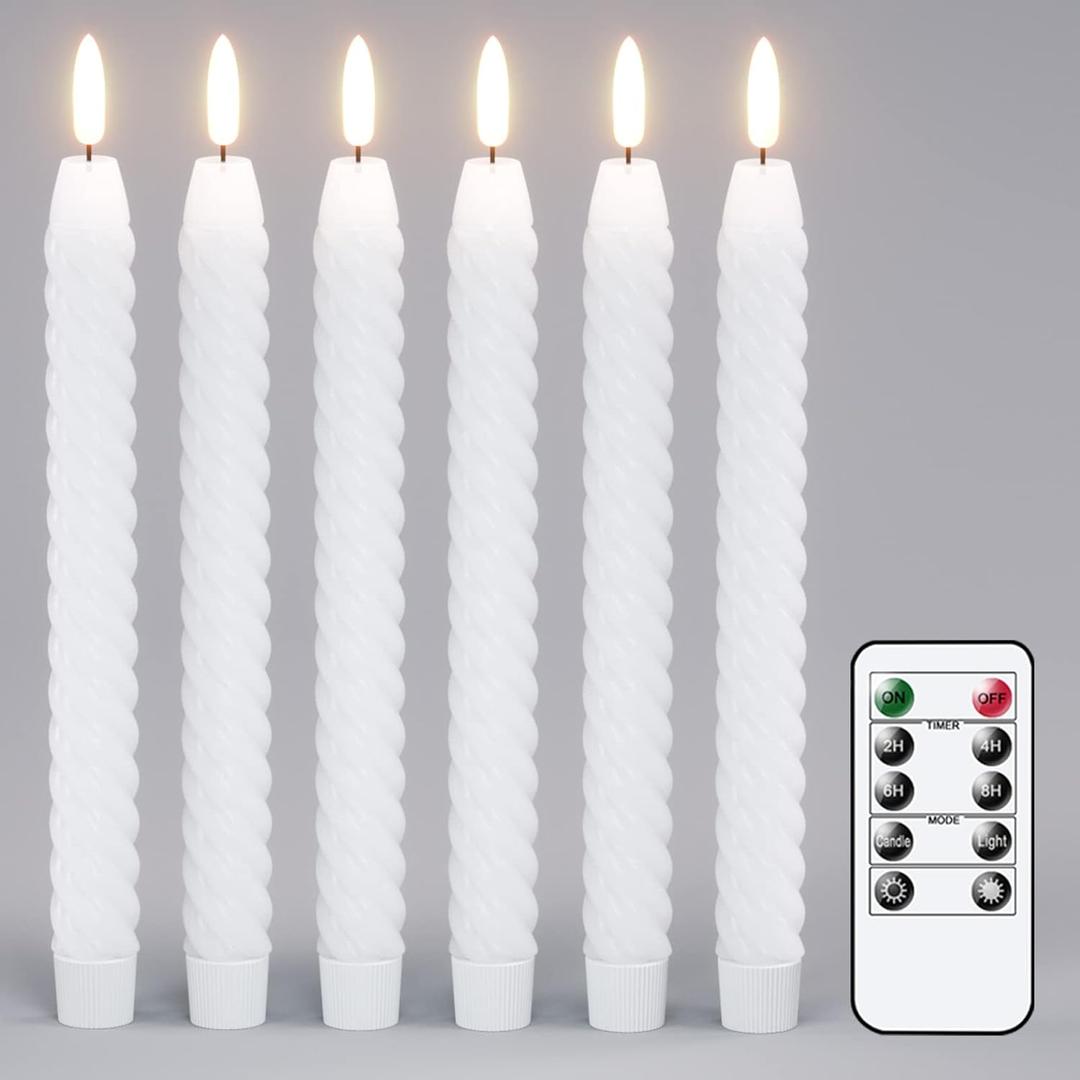 Flameless Taper Candles White Flickering with Remote Timer, Battery Operated Candlesticks 3D Wick LED Spiral Candles 6 Pack 9.8" Real Wax Wedding Home Birthday Christmas Decor