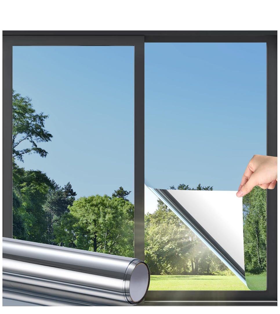 Window Privacy Film, One Way Window Tint for Home, Static Cling Anti UV Sun Blocking Reflective Mirror Film, Heat Control See Out Not in Glass Tinting, Silver, 17.5" x 78.7"