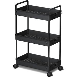 Ronlap 3 Tier Slim Rolling Storage Cart with Wheels Plastic Utility Cart Organizer for Snack Craft Art Postpartum Baby Diaper Nail Makeup in Bathroom Laundry Room Kitchen Bedside Narrow Space, Black