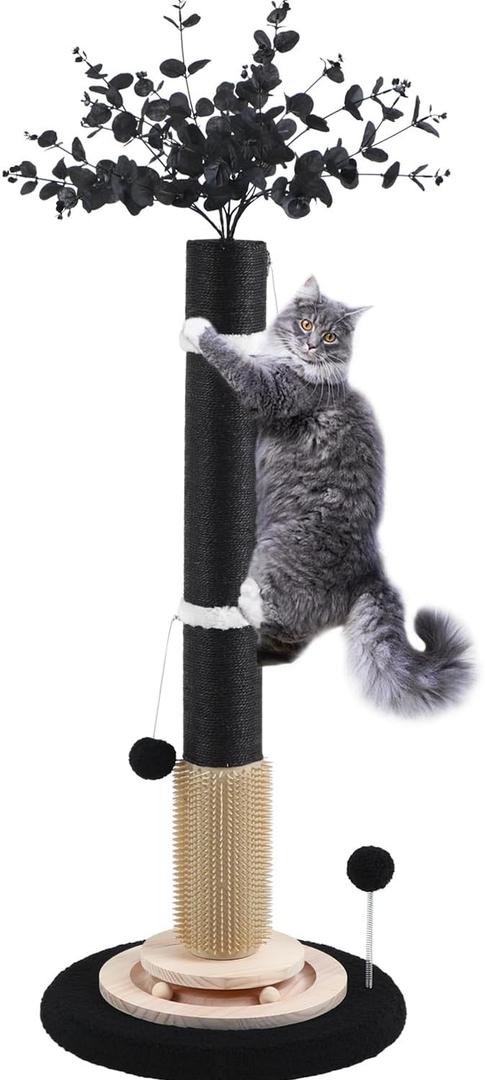 Scratching Posts for Indoor Cats Adults,45'' Tall Halloween Gothic Scratching Post with 3.5Inch Diameter Sisal Rope,Black Cat Scratcher with Interactive Ball Toys Self Groomer Brush for Large Cats