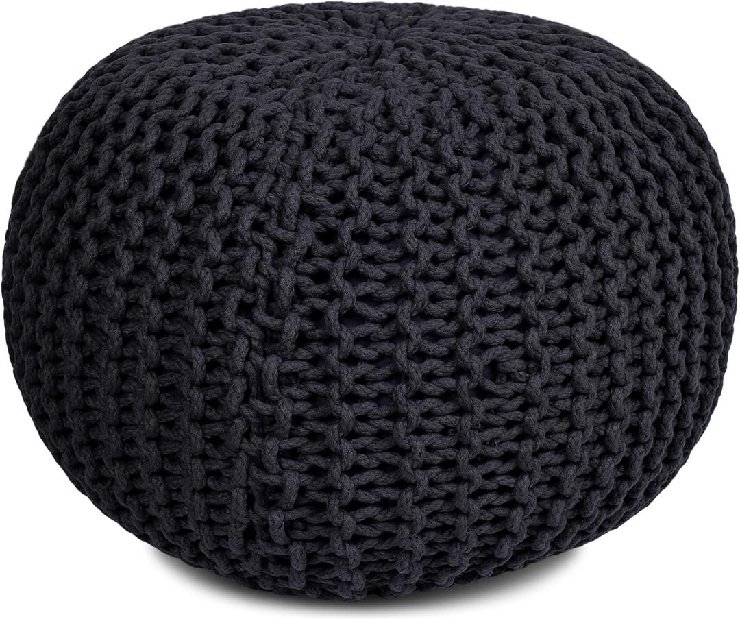 BIRDROCK HOME Round Pouf Ottoman Foot Rest - 18.5”x18.5”x15” Boho Compact Comfortable Soft Cotton Braided Foot Stool Seat with Bean Bag Filling for Living Room, Bedroom, or Nursery (Charcoal Gray)