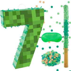 16 Inch Pixel Number 7 Pinata, Birthday Pinata with 16 Inch Piata Stick Blindfold Confetti for Kids 7th Birthday Party Decorations(7th)