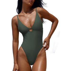 LASLULU Women's Sexy One Piece Swimsuits V Neck Padded Bathing Suit Modest Front Cutout Open Back Slimming Swimsuit (Green, L)
