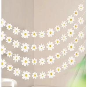 4 Packs Daisy Banner Garland Groovy Hippie Boho Birthday Decor Daisy Party Decoration Spring Flower Hanging Banner Daisy Paper Cutouts for Girl Birthday Supplies