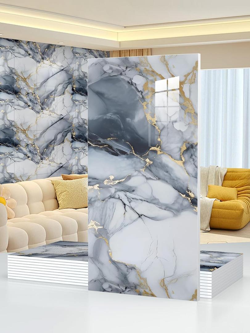 22pcs Marble Peel and Stick Waterproof Wall Panels,Heat-Resistant Backsplash Tile, 23.6"x11.8" PVC Foam Wall Sticker for Kitchen,Living Rooms,TV Walls,Blue and Gold(Not Real Tile 42.6Sq. Ft.), 23.6" x 11.8" x 2.5MM x 22Pack