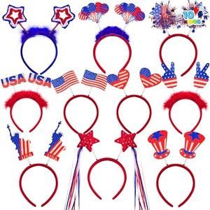 JOYIN 10 Pcs 4th of July Patriotic Headband, American Flag Headbands for Women, 4th of July Accessories for Independence Day, Memorial Day, Veterans Day Honoring, Themed Party Favors