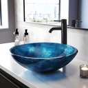 Vessel Sink 16.5" Bathroom Sinks Tempered Glass Blue Art Basin Round Bowl with Faucet Combo Blue, Modern Countertop Bowl Sink for Lavatory Vanity Cabinet