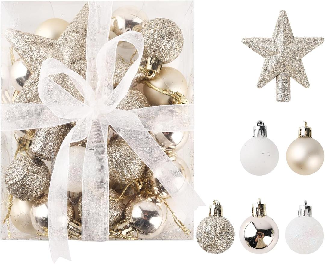 Small Christmas Tree Ornaments Set - Gold and White Xmas Ball Ornaments for Mini Christmas Tree, Garland or Wreaths Decorations, Decorative Hanging Ornaments, 30ct, 1.18in/3cm