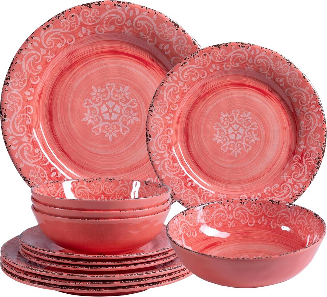 12-Piece Farmhouse Melamine Dinnerware Set, Elegant Unbreakable plates and bowls sets, BPA Free Dinner Dishes serving Set, Service for 4, Perfect for Indoor/Outdoor Dining, Peach pink Red