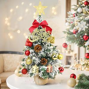 24 Inch Flocked Tabletop Christmas Tree with LED Lights & Ornaments, Artificial Mini Desktop Xmas Tree with Sturdy Fabric Base for DIY Holiday & Party Decor (White)