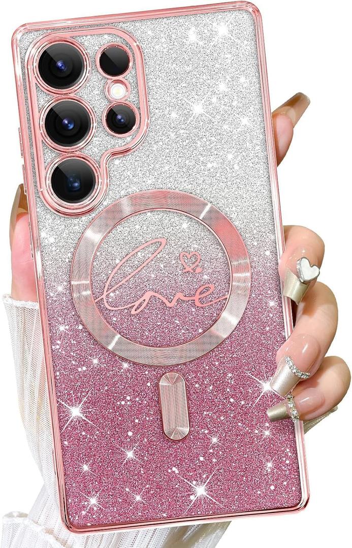 Fiyart Designed for Samsung Galaxy S24 Ultra Case,Compatible with MagSafe Love Heart Plating Camera Protection Clear Glitter Magnetic for Women Girls Shockproof Phone Cover Bumper 6.8"-Pink