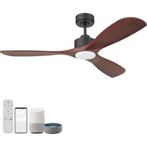 52 Wood Smart Ceiling Fans with Lights Remote,Quiet DC Motor,Outdoor Indoor Ceiling Fan,Voice Control via WIFI Alexa App,Dimmable,Modern Black Lighting& Ceiling Fan for Bedroom Patio Porch