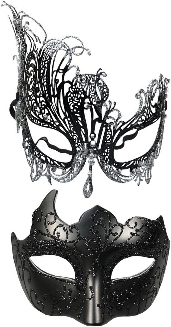 Masquerade Mask for Couple Mardi Gras Venetian Party Mask Set Halloween Costume Accessory (Glitter Black)
