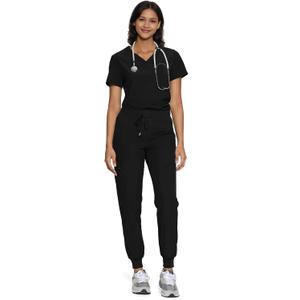 floralhue Scrubs for Women, Women's Medical Scrub Sets, V-Neck Scrubs Top & Cargo Pants with 12 Pockets, Black, L